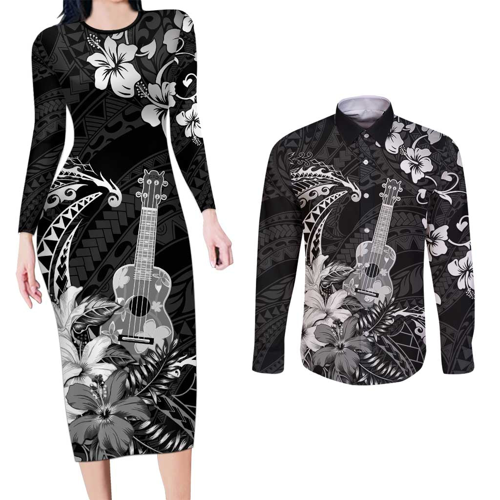Hawaii Ukulele Couples Matching Long Sleeve Bodycon Dress and Long Sleeve Button Shirt Polynesian Pattern Mix Hibiscus Black Version LT05 Black - Polynesian Pride