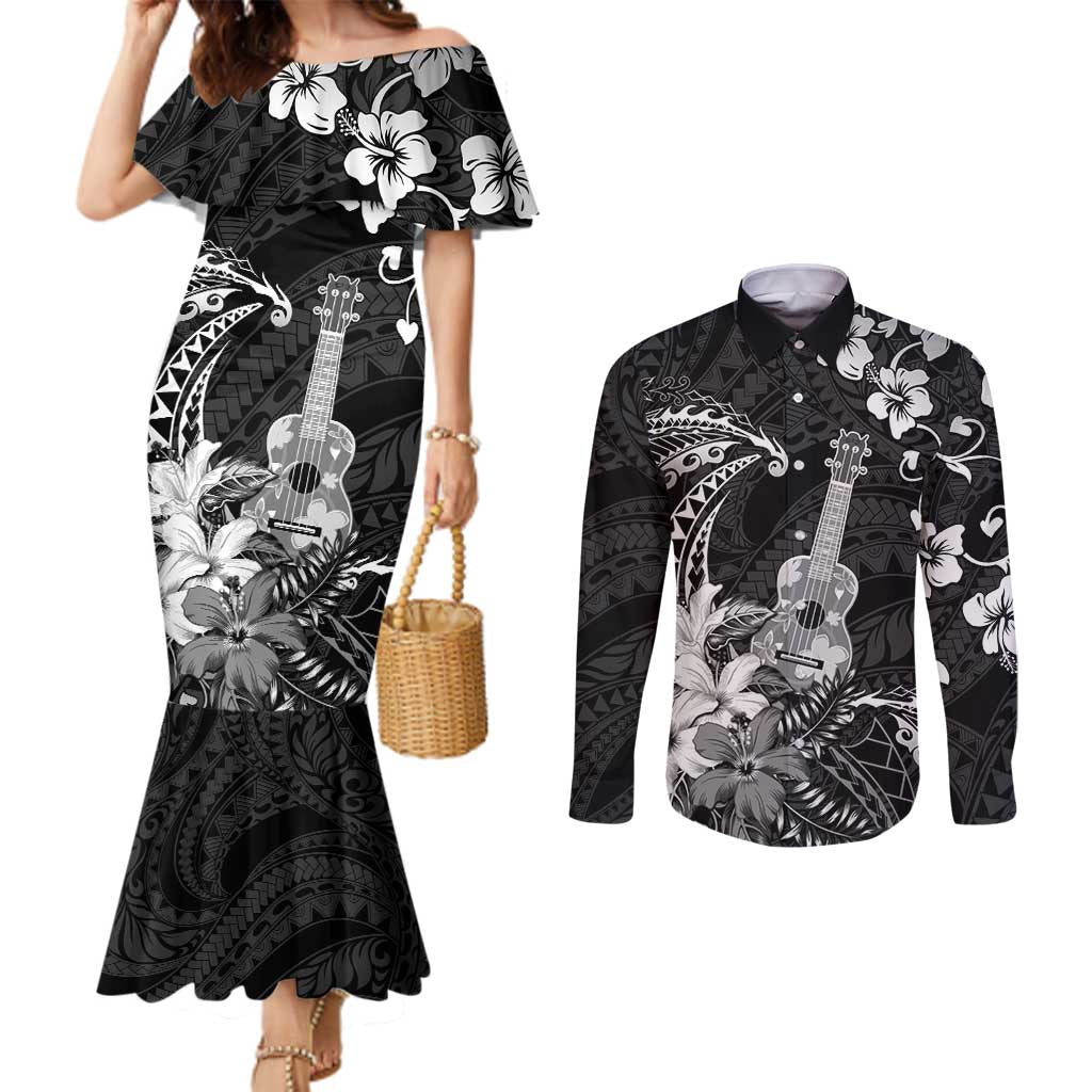 Hawaii Ukulele Couples Matching Mermaid Dress and Long Sleeve Button Shirt Polynesian Pattern Mix Hibiscus Black Version LT05 Black - Polynesian Pride