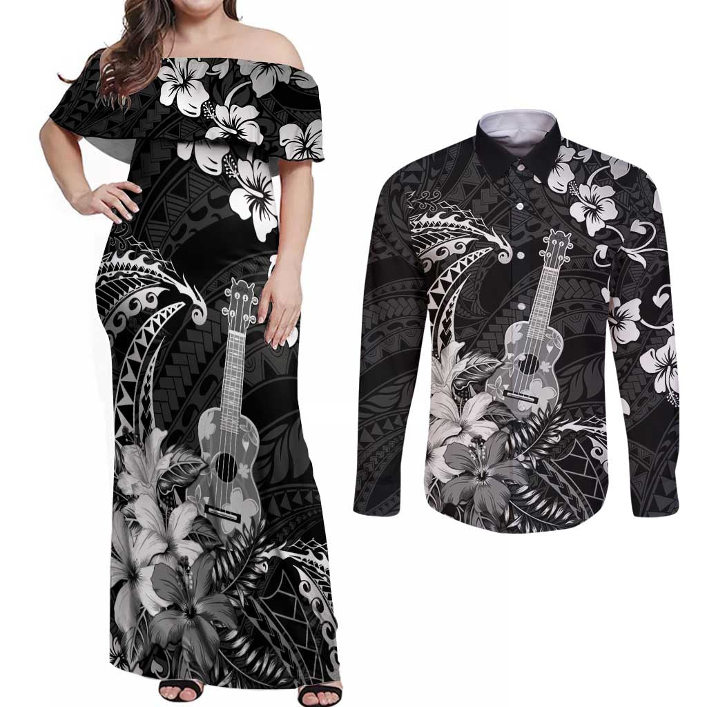 Hawaii Ukulele Couples Matching Off Shoulder Maxi Dress and Long Sleeve Button Shirt Polynesian Pattern Mix Hibiscus Black Version LT05 Black - Polynesian Pride