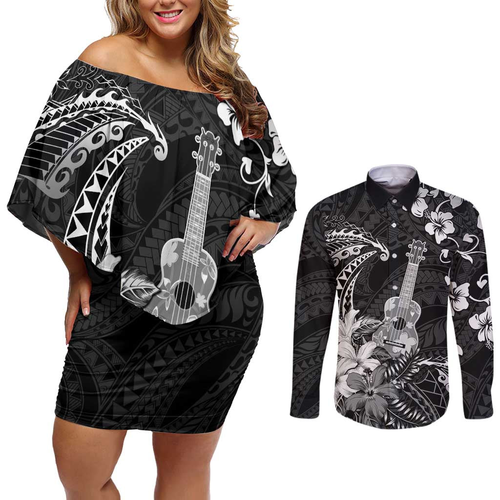Hawaii Ukulele Couples Matching Off Shoulder Short Dress and Long Sleeve Button Shirt Polynesian Pattern Mix Hibiscus Black Version LT05 Black - Polynesian Pride
