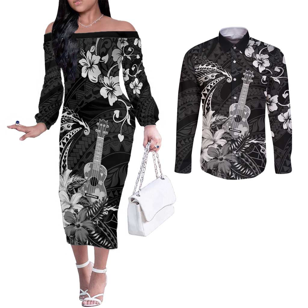 Hawaii Ukulele Couples Matching Off The Shoulder Long Sleeve Dress and Long Sleeve Button Shirt Polynesian Pattern Mix Hibiscus Black Version LT05 Black - Polynesian Pride