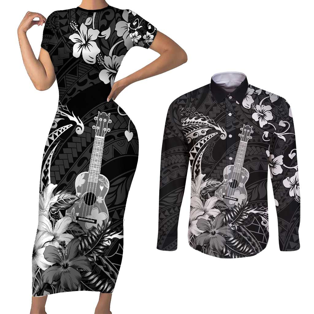 Hawaii Ukulele Couples Matching Short Sleeve Bodycon Dress and Long Sleeve Button Shirt Polynesian Pattern Mix Hibiscus Black Version LT05 Black - Polynesian Pride