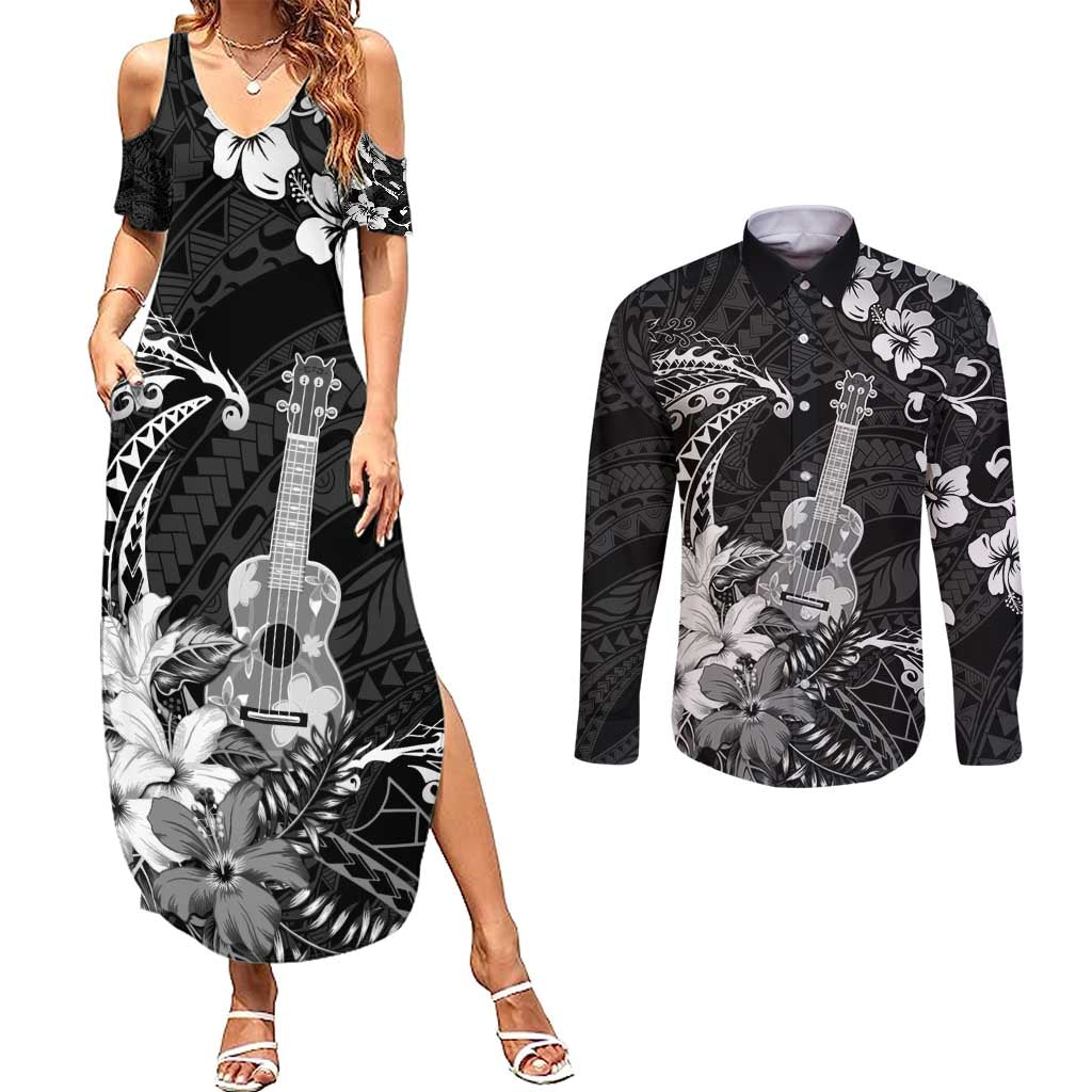 Hawaii Ukulele Couples Matching Summer Maxi Dress and Long Sleeve Button Shirt Polynesian Pattern Mix Hibiscus Black Version LT05 Black - Polynesian Pride