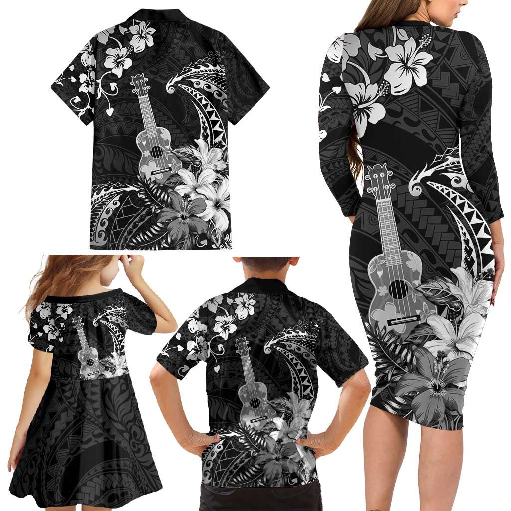 Hawaii Ukulele Family Matching Long Sleeve Bodycon Dress and Hawaiian Shirt Polynesian Pattern Mix Hibiscus Black Version LT05