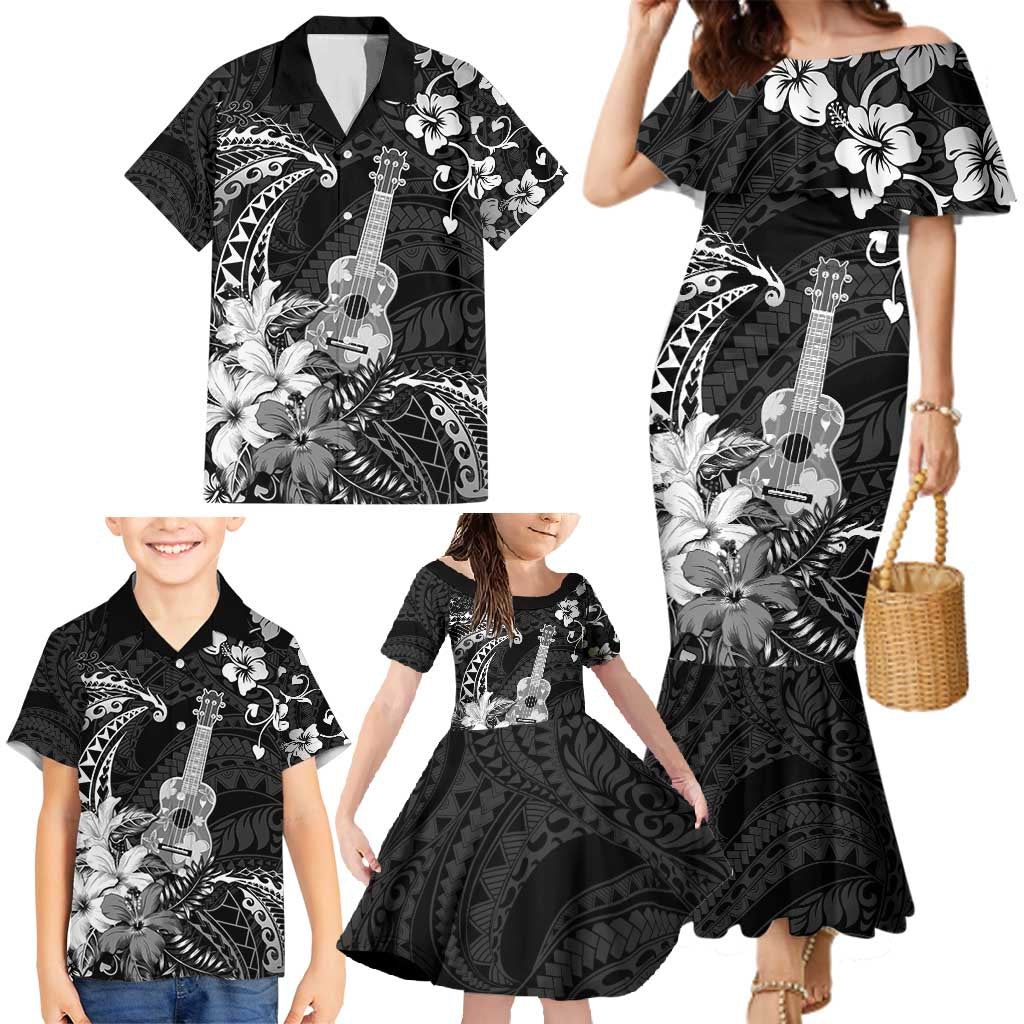 Hawaii Ukulele Family Matching Mermaid Dress and Hawaiian Shirt Polynesian Pattern Mix Hibiscus Black Version LT05 - Polynesian Pride