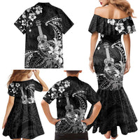 Hawaii Ukulele Family Matching Mermaid Dress and Hawaiian Shirt Polynesian Pattern Mix Hibiscus Black Version LT05