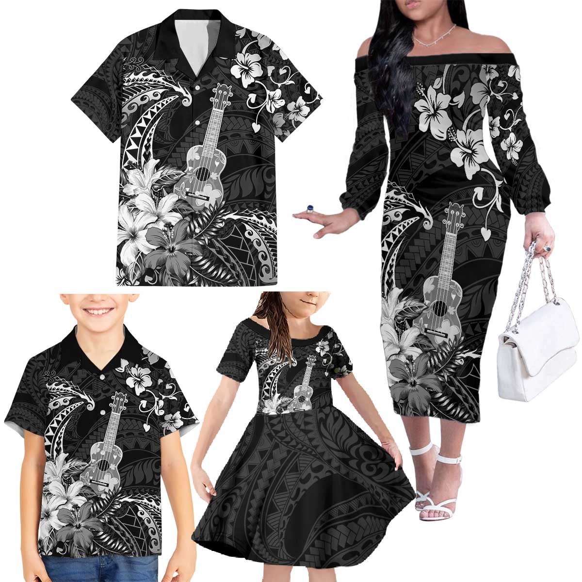 Hawaii Ukulele Family Matching Off The Shoulder Long Sleeve Dress and Hawaiian Shirt Polynesian Pattern Mix Hibiscus Black Version LT05