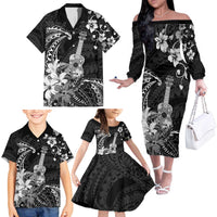 Hawaii Ukulele Family Matching Off The Shoulder Long Sleeve Dress and Hawaiian Shirt Polynesian Pattern Mix Hibiscus Black Version LT05