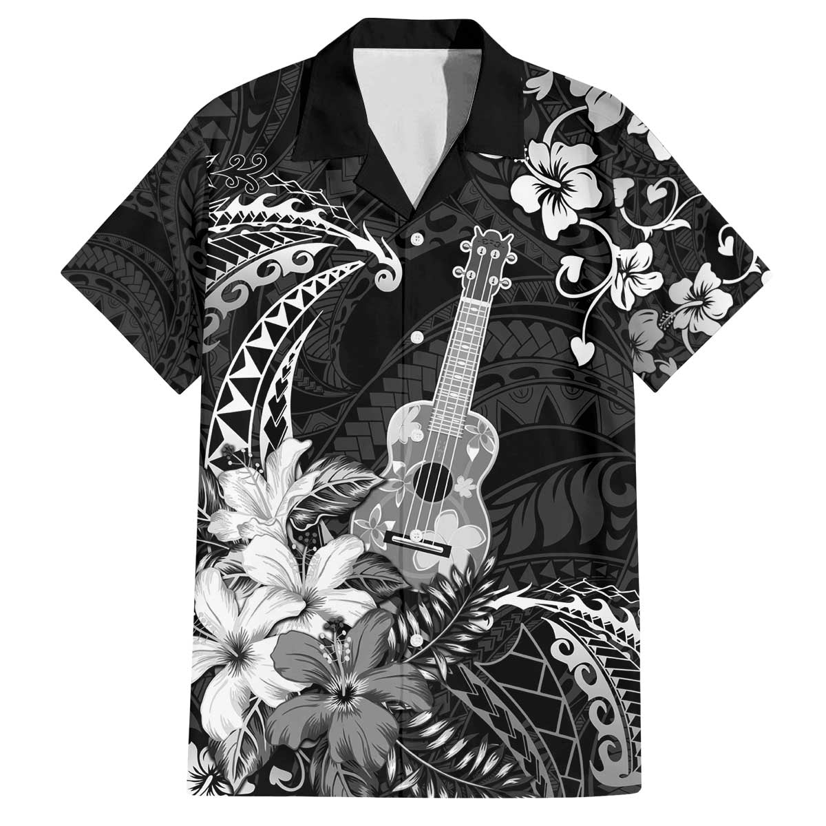 Hawaii Ukulele Family Matching Off The Shoulder Long Sleeve Dress and Hawaiian Shirt Polynesian Pattern Mix Hibiscus Black Version LT05