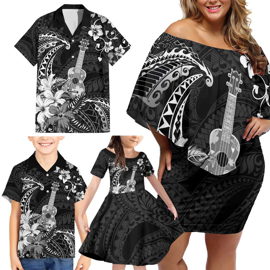 Hawaii Ukulele Family Matching Off Shoulder Short Dress and Hawaiian Shirt Polynesian Pattern Mix Hibiscus Black Version LT05 - Polynesian Pride