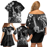 Hawaii Ukulele Family Matching Off Shoulder Short Dress and Hawaiian Shirt Polynesian Pattern Mix Hibiscus Black Version LT05