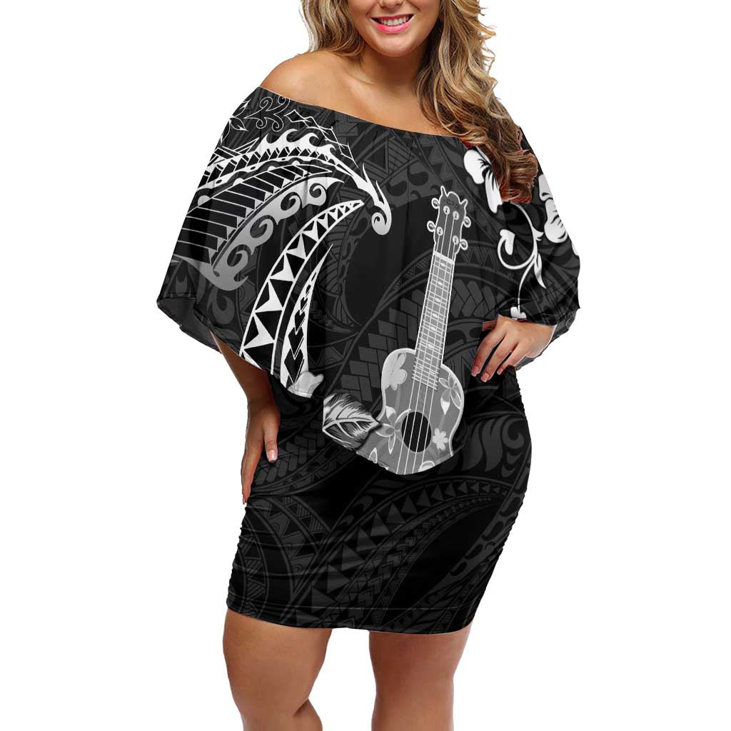 Hawaii Ukulele Family Matching Off Shoulder Short Dress and Hawaiian Shirt Polynesian Pattern Mix Hibiscus Black Version LT05