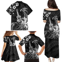 Hawaii Ukulele Family Matching Puletasi and Hawaiian Shirt Polynesian Pattern Mix Hibiscus Black Version LT05