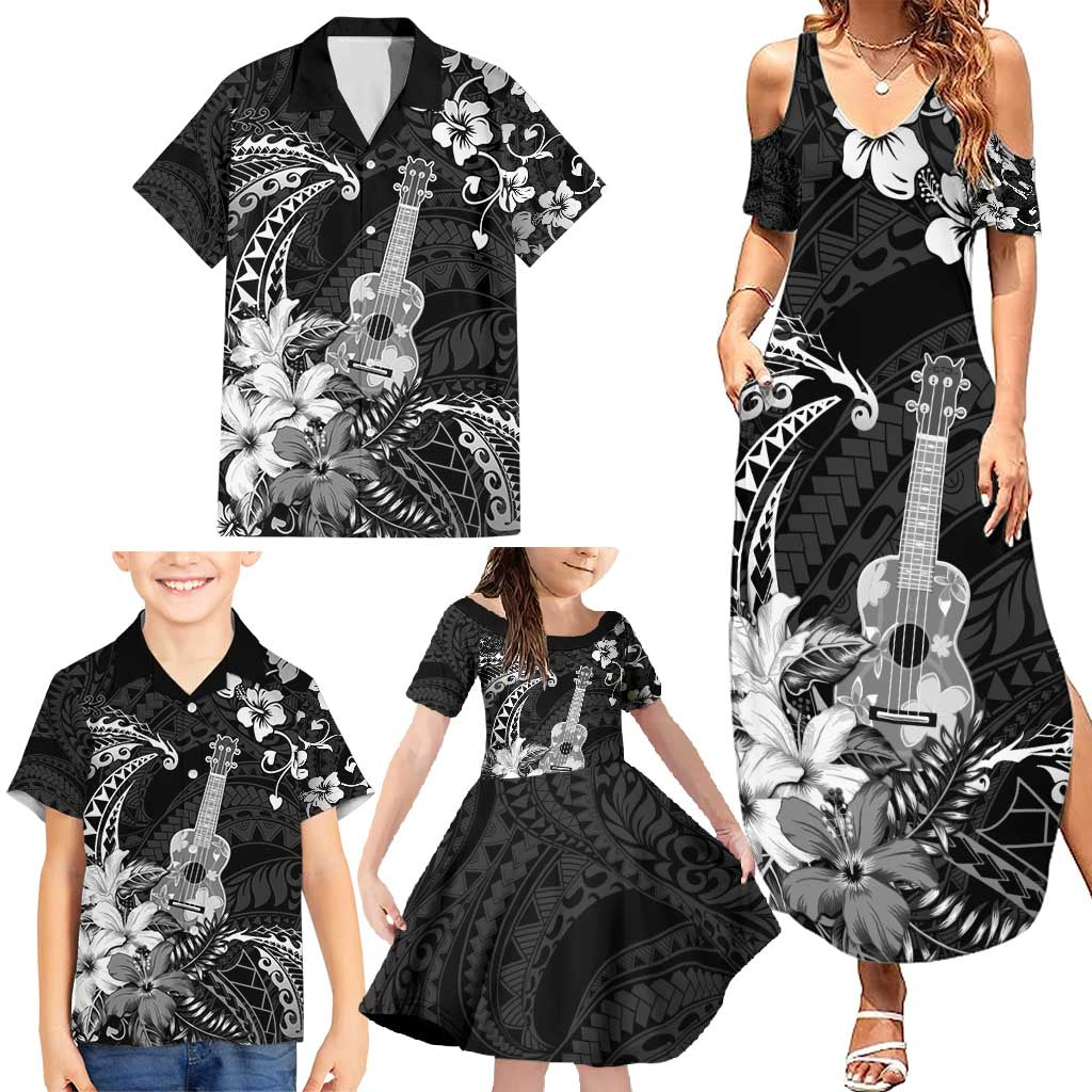 Hawaii Ukulele Family Matching Summer Maxi Dress and Hawaiian Shirt Polynesian Pattern Mix Hibiscus Black Version LT05 - Polynesian Pride