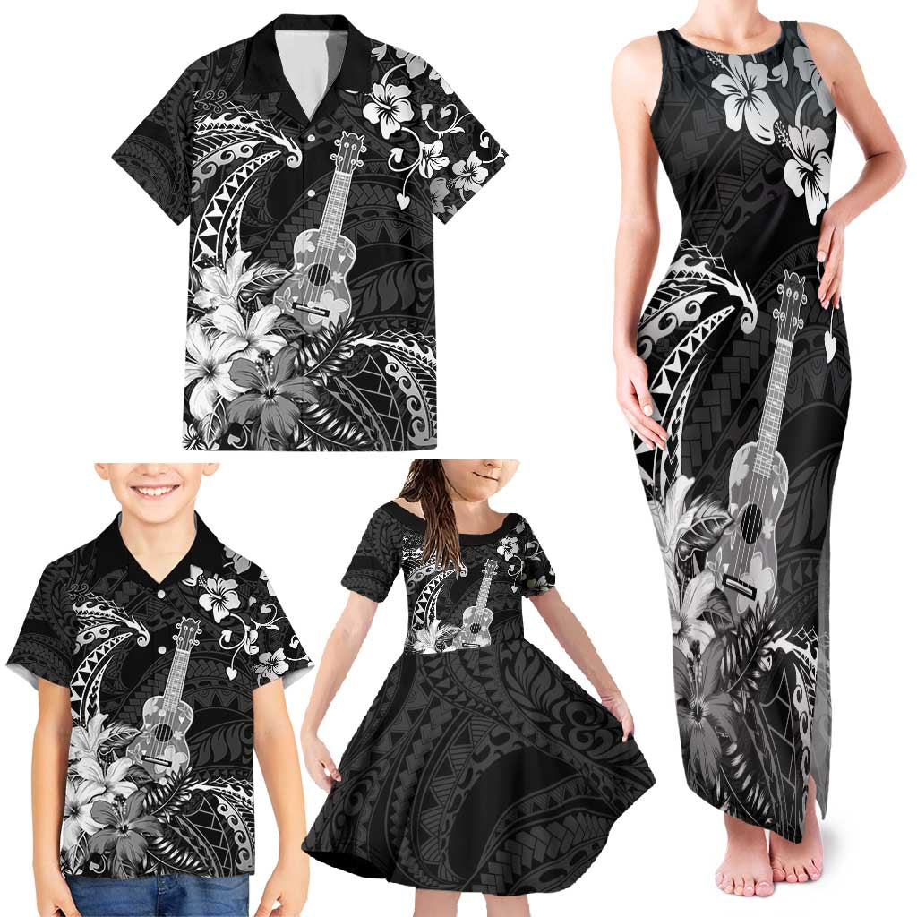 Hawaii Ukulele Family Matching Tank Maxi Dress and Hawaiian Shirt Polynesian Pattern Mix Hibiscus Black Version LT05 - Polynesian Pride