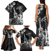 Hawaii Ukulele Family Matching Tank Maxi Dress and Hawaiian Shirt Polynesian Pattern Mix Hibiscus Black Version LT05