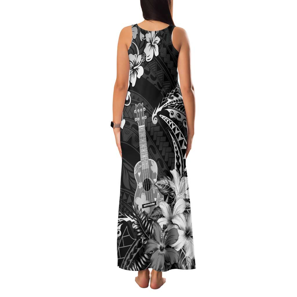 Hawaii Ukulele Family Matching Tank Maxi Dress and Hawaiian Shirt Polynesian Pattern Mix Hibiscus Black Version LT05