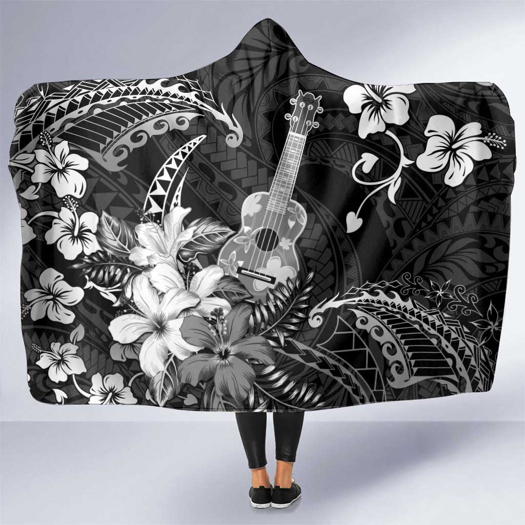 Hawaii Ukulele Hooded Blanket Polynesian Pattern Mix Hibiscus Black Version LT05 One Size Black - Polynesian Pride