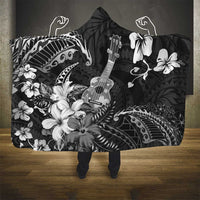 Hawaii Ukulele Hooded Blanket Polynesian Pattern Mix Hibiscus Black Version