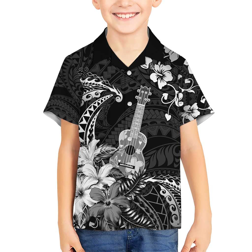 Hawaii Ukulele Kid Hawaiian Shirt Polynesian Pattern Mix Hibiscus Black Version LT05 Kid Black - Polynesian Pride