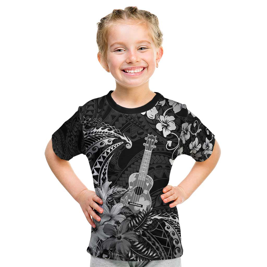 Hawaii Ukulele Kid T Shirt Polynesian Pattern Mix Hibiscus Black Version LT05 Black - Polynesian Pride