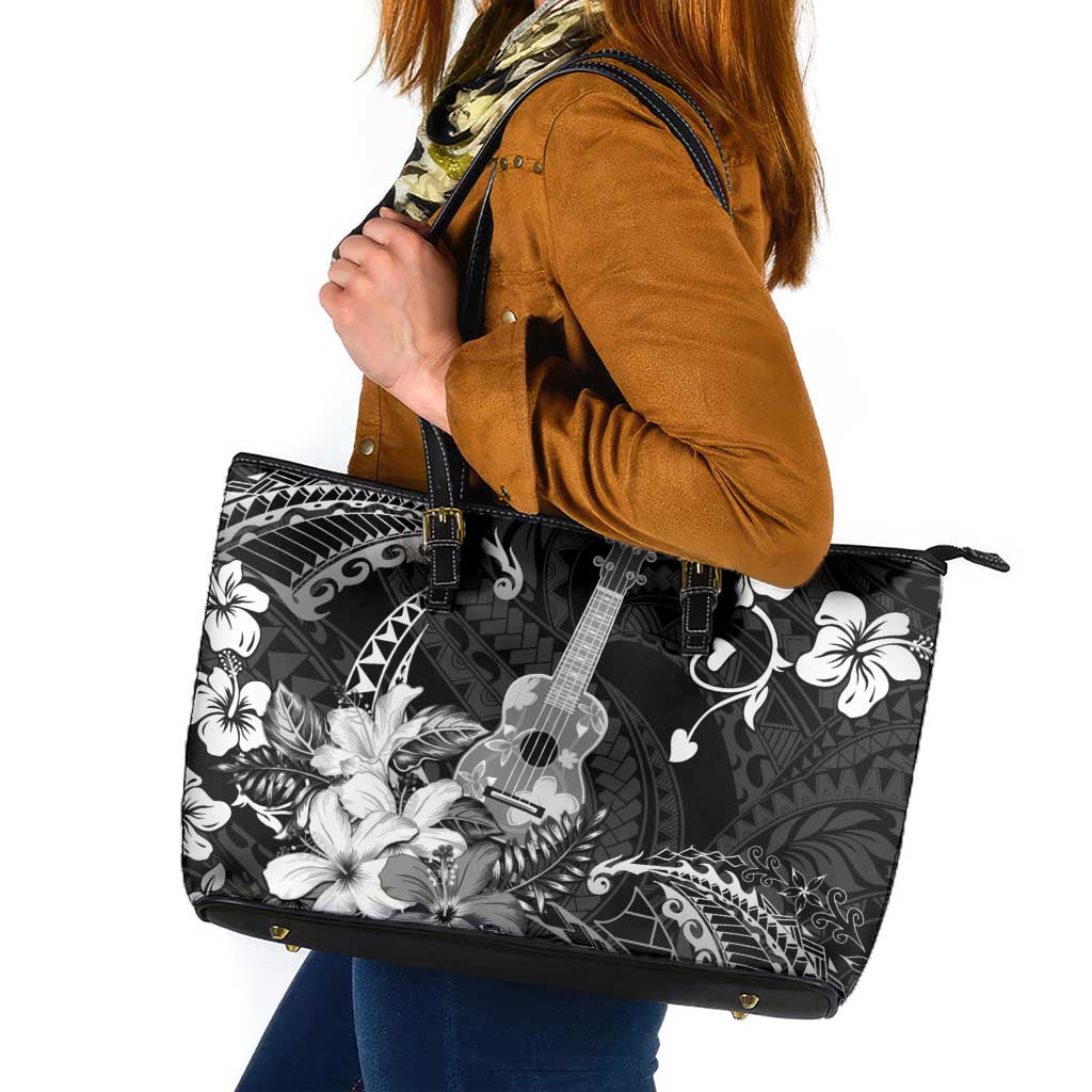 Hawaii Ukulele Leather Tote Bag Polynesian Pattern Mix Hibiscus Black Version LT05 Black - Polynesian Pride