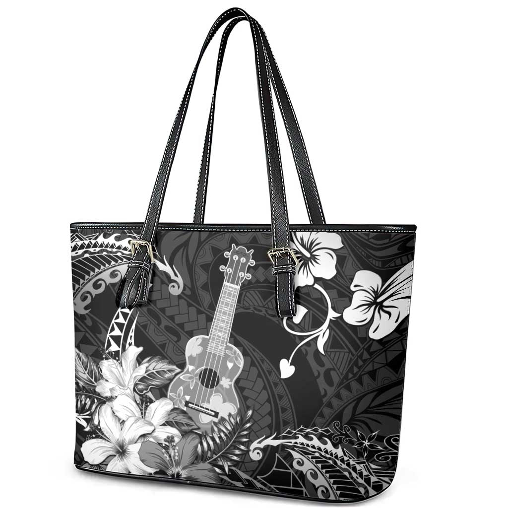 Hawaii Ukulele Leather Tote Bag Polynesian Pattern Mix Hibiscus Black Version