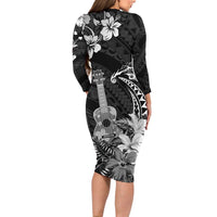 Hawaii Ukulele Long Sleeve Bodycon Dress Polynesian Pattern Mix Hibiscus Black Version LT05