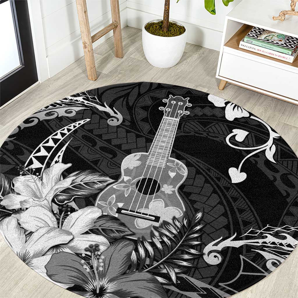 Hawaii Ukulele Round Carpet Polynesian Pattern Mix Hibiscus Black Version LT05 Black - Polynesian Pride