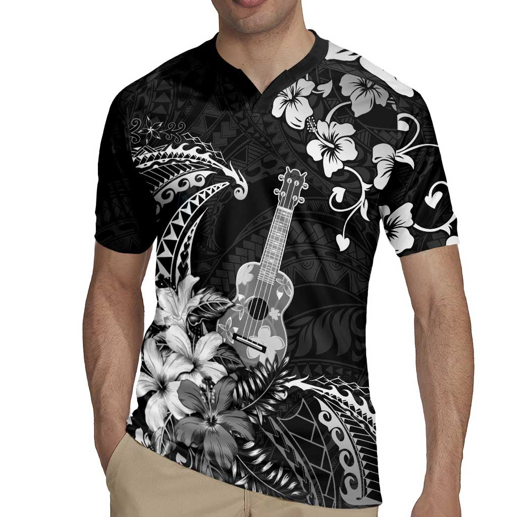Hawaii Ukulele Rugby Jersey Polynesian Pattern Mix Hibiscus Black Version LT05