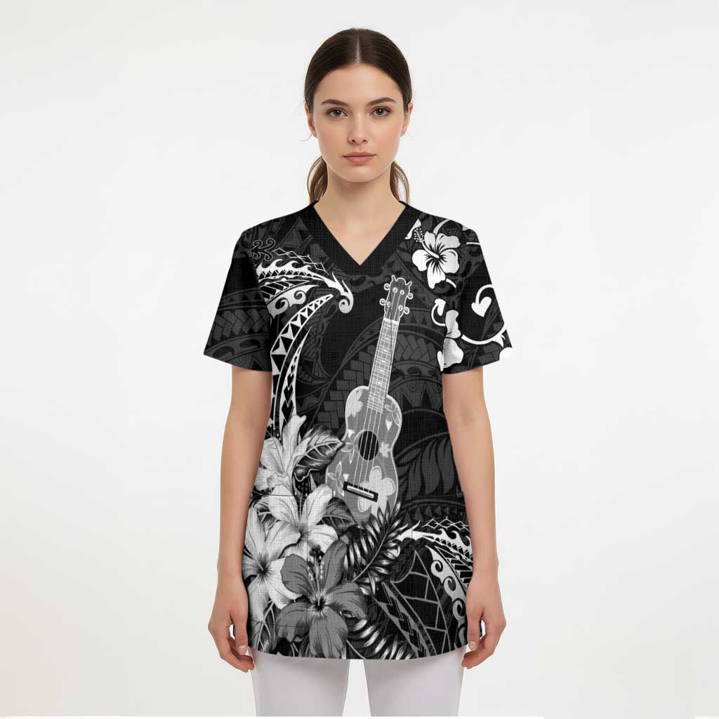 Hawaii Ukulele Scrub Top Polynesian Pattern Mix Hibiscus Black Version - Polynesian Pride