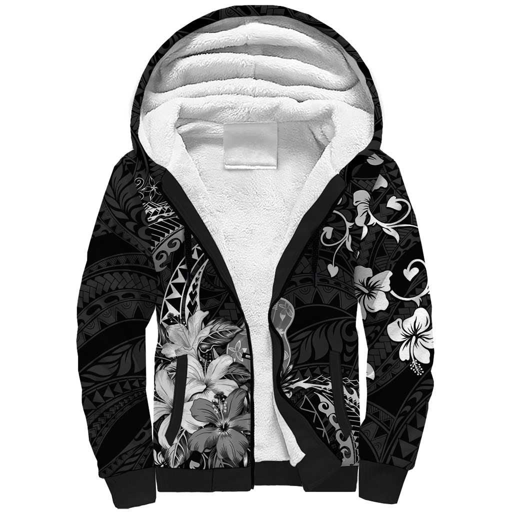 Hawaii Ukulele Sherpa Hoodie Polynesian Pattern Mix Hibiscus Black Version LT05 Unisex Black - Polynesian Pride