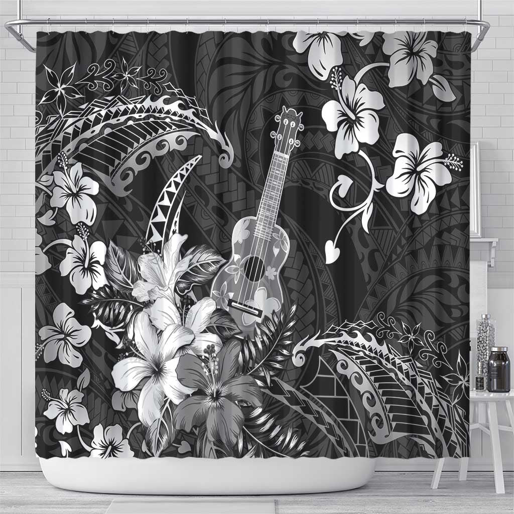 Hawaii Ukulele Shower Curtain Polynesian Pattern Mix Hibiscus Black Version