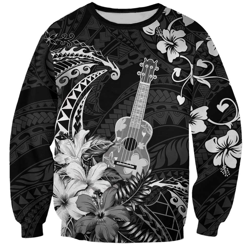 Hawaii Ukulele Sweatshirt Polynesian Pattern Mix Hibiscus Black Version LT05 Unisex Black - Polynesian Pride