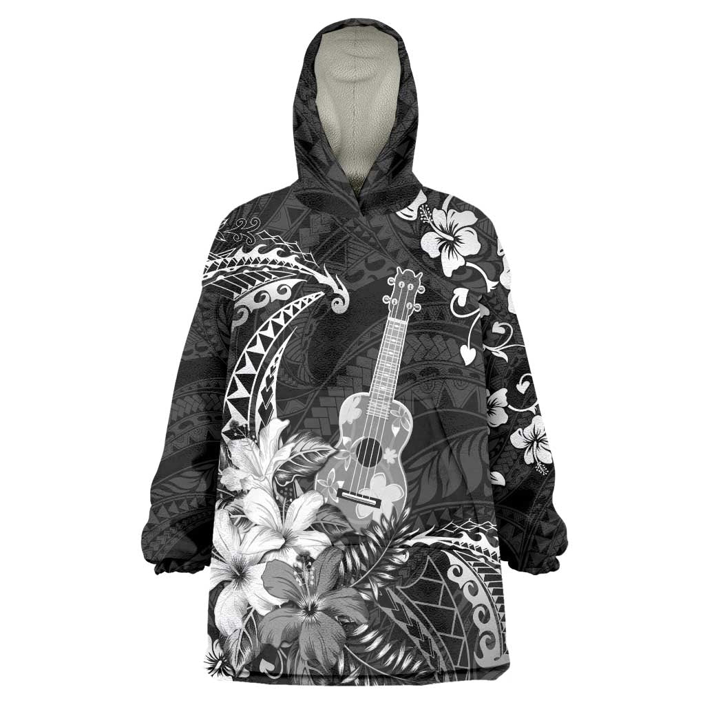 Hawaii Ukulele Wearable Blanket Hoodie Polynesian Pattern Mix Hibiscus Black Version LT05 One Size Black - Polynesian Pride