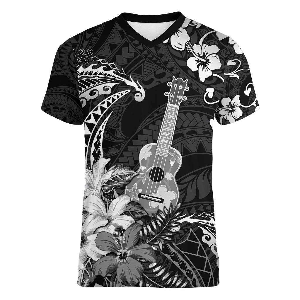 Hawaii Ukulele Women V-Neck T-Shirt Polynesian Pattern Mix Hibiscus Black Version LT05 Female Black - Polynesian Pride