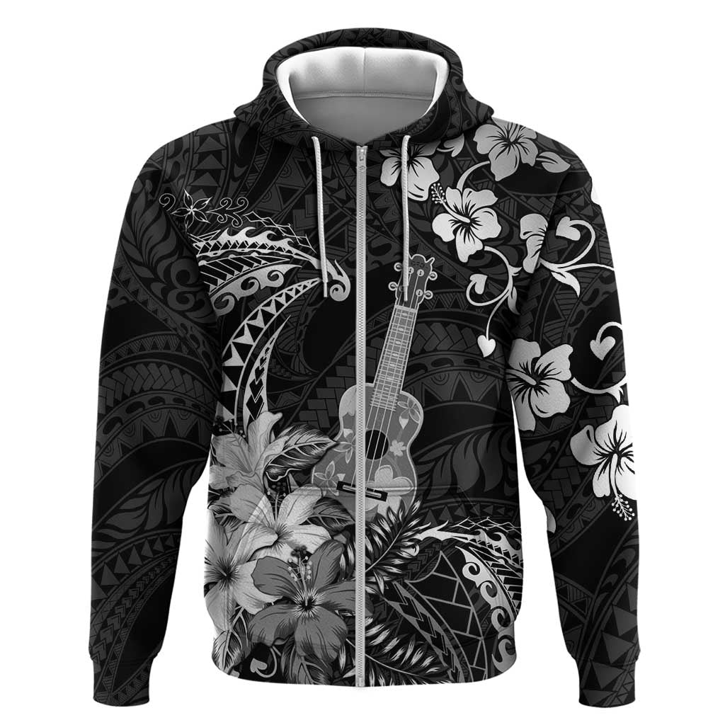 Hawaii Ukulele Zip Hoodie Polynesian Pattern Mix Hibiscus Black Version LT05 Zip Hoodie Black - Polynesian Pride
