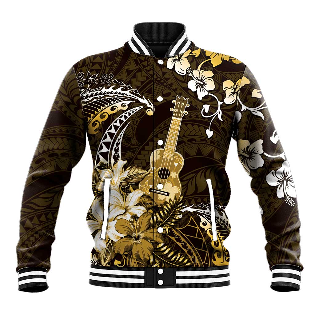 Hawaii Ukulele Baseball Jacket Polynesian Pattern Mix Hibiscus Gold Version LT05 Unisex Gold - Polynesian Pride