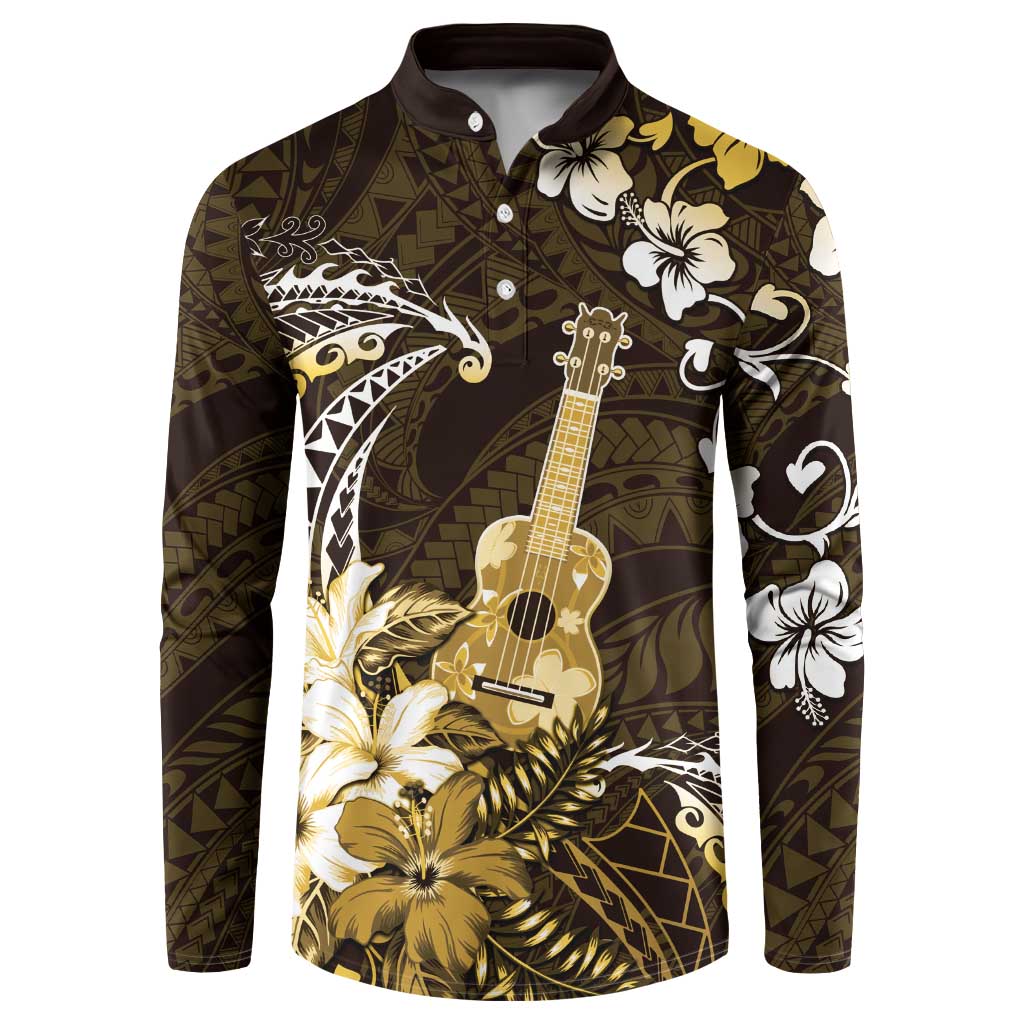 Hawaii Ukulele Button Sweatshirt Polynesian Pattern Mix Hibiscus Gold Version LT05 Gold - Polynesian Pride