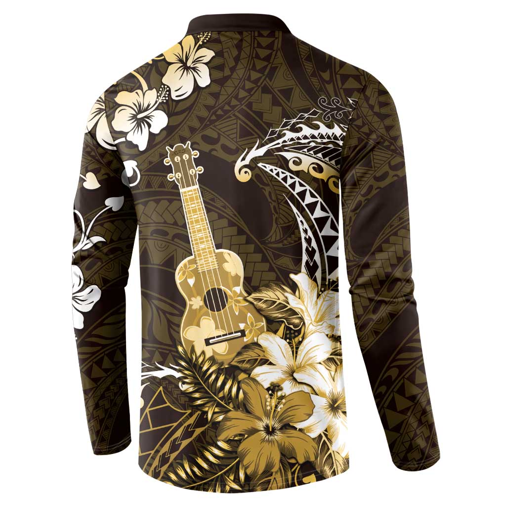 Hawaii Ukulele Button Sweatshirt Polynesian Pattern Mix Hibiscus Gold Version LT05