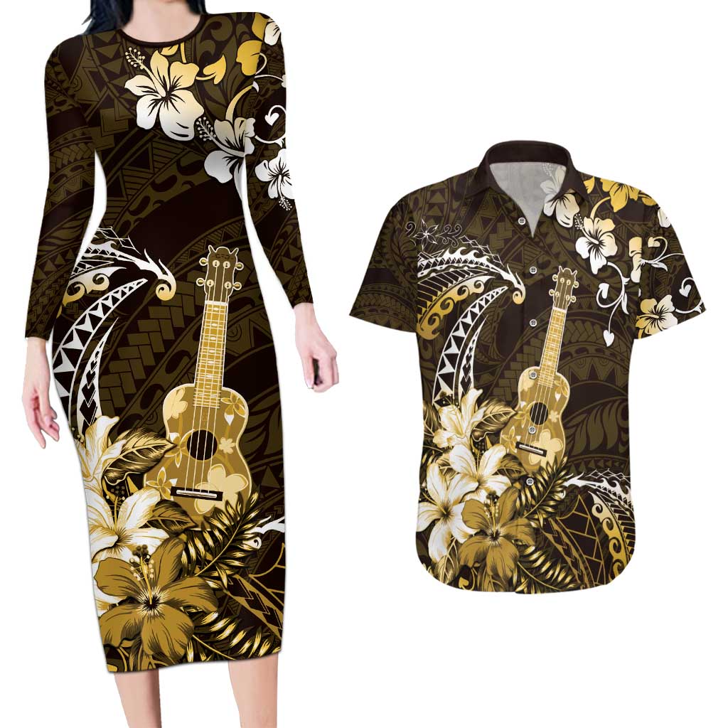 Hawaii Ukulele Couples Matching Long Sleeve Bodycon Dress and Hawaiian Shirt Polynesian Pattern Mix Hibiscus Gold Version LT05