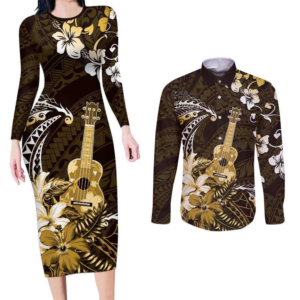 Hawaii Ukulele Couples Matching Long Sleeve Bodycon Dress and Long Sleeve Button Shirt Polynesian Pattern Mix Hibiscus Gold Version LT05 Gold - Polynesian Pride