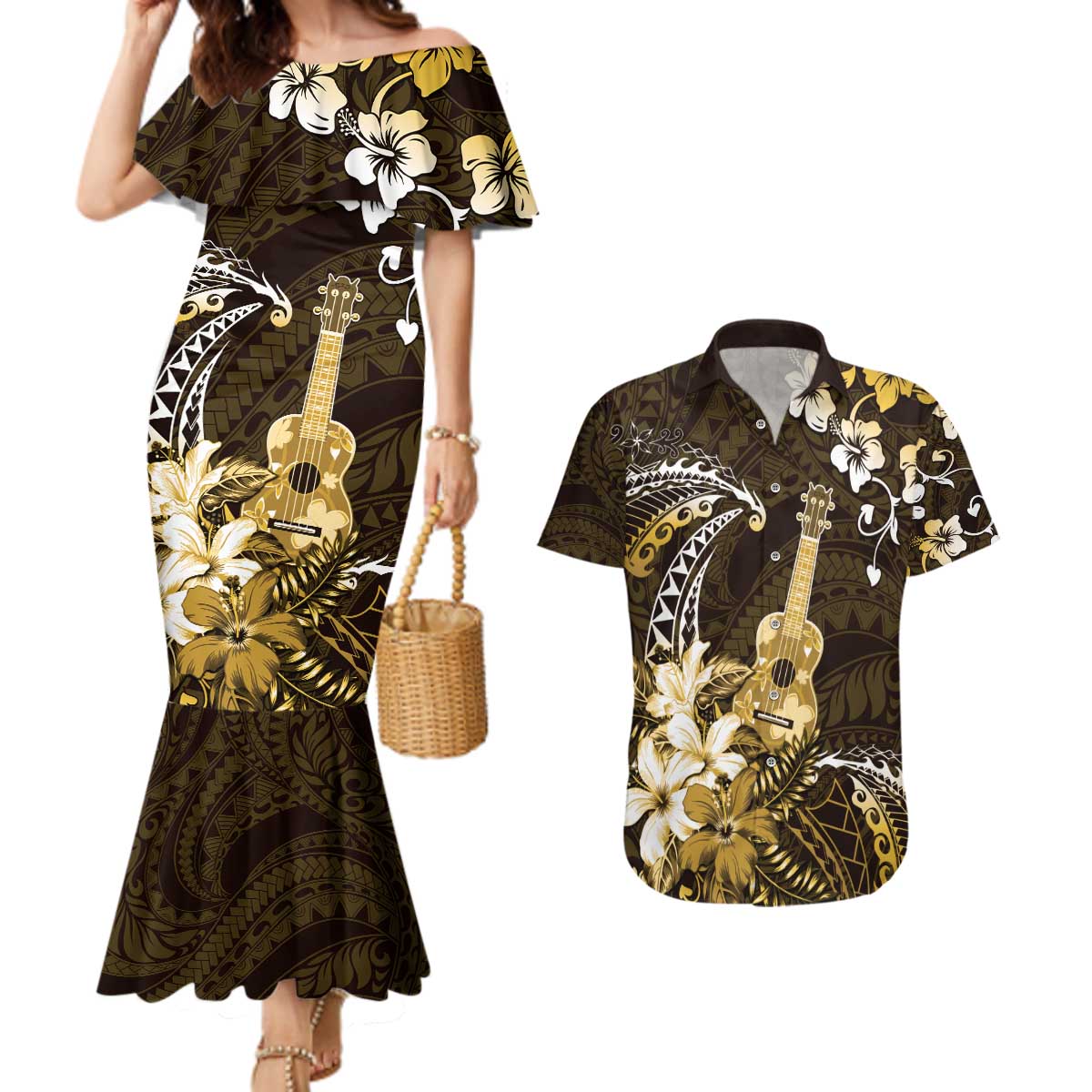 Hawaii Ukulele Couples Matching Mermaid Dress and Hawaiian Shirt Polynesian Pattern Mix Hibiscus Gold Version LT05