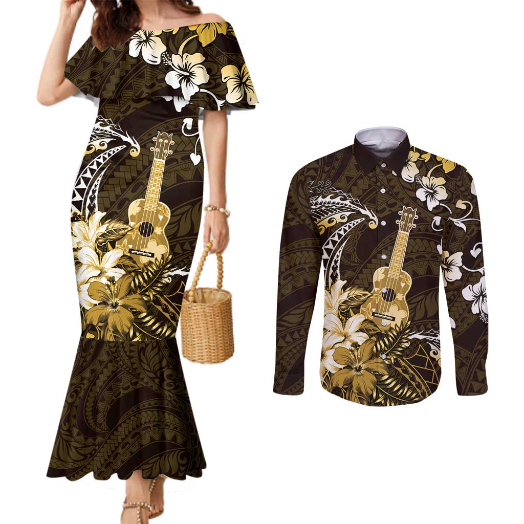 Hawaii Ukulele Couples Matching Mermaid Dress and Long Sleeve Button Shirt Polynesian Pattern Mix Hibiscus Gold Version LT05 Gold - Polynesian Pride