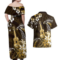 Hawaii Ukulele Couples Matching Off Shoulder Maxi Dress and Hawaiian Shirt Polynesian Pattern Mix Hibiscus Gold Version LT05