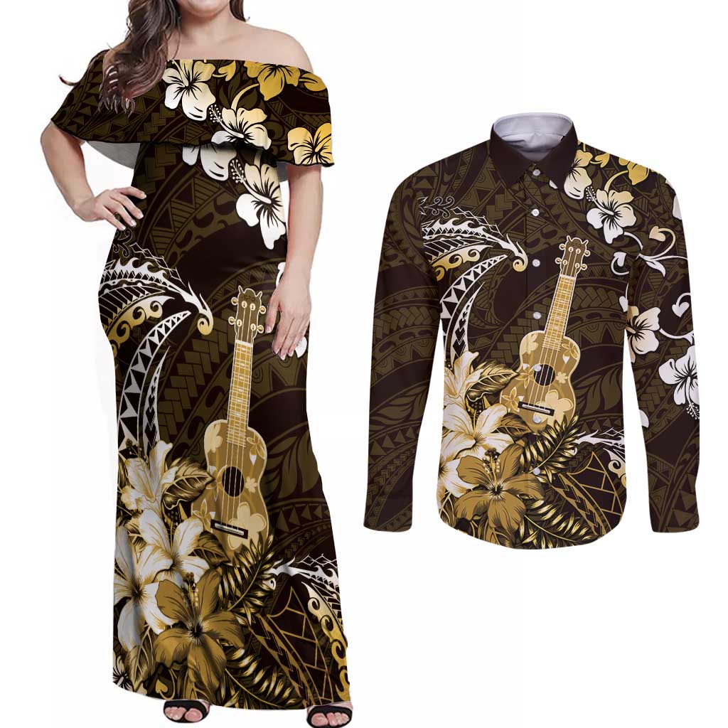 Hawaii Ukulele Couples Matching Off Shoulder Maxi Dress and Long Sleeve Button Shirt Polynesian Pattern Mix Hibiscus Gold Version LT05 Gold - Polynesian Pride