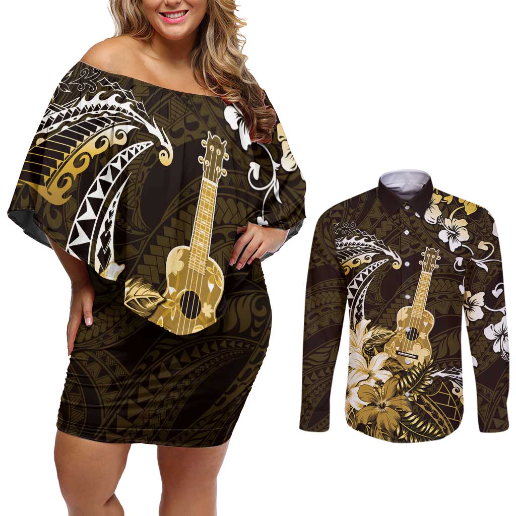 Hawaii Ukulele Couples Matching Off Shoulder Short Dress and Long Sleeve Button Shirt Polynesian Pattern Mix Hibiscus Gold Version LT05 Gold - Polynesian Pride