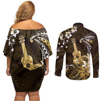 Hawaii Ukulele Couples Matching Off Shoulder Short Dress and Long Sleeve Button Shirt Polynesian Pattern Mix Hibiscus Gold Version LT05