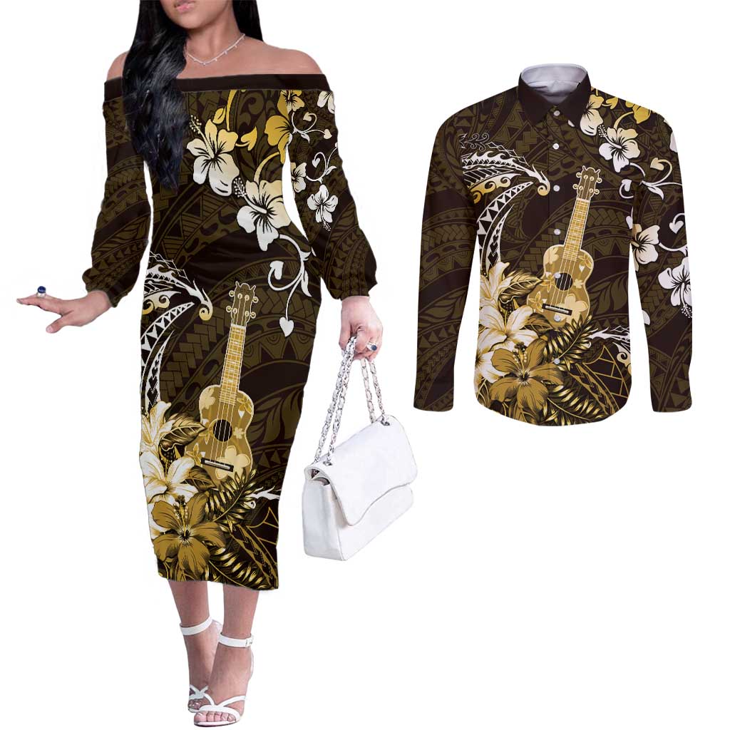 Hawaii Ukulele Couples Matching Off The Shoulder Long Sleeve Dress and Long Sleeve Button Shirt Polynesian Pattern Mix Hibiscus Gold Version LT05 Gold - Polynesian Pride