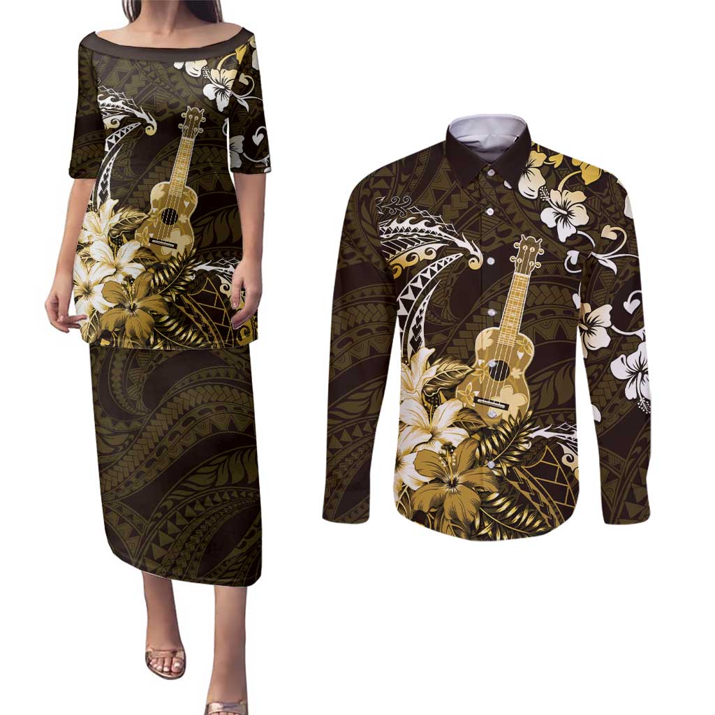 Hawaii Ukulele Couples Matching Puletasi and Long Sleeve Button Shirt Polynesian Pattern Mix Hibiscus Gold Version LT05 Gold - Polynesian Pride